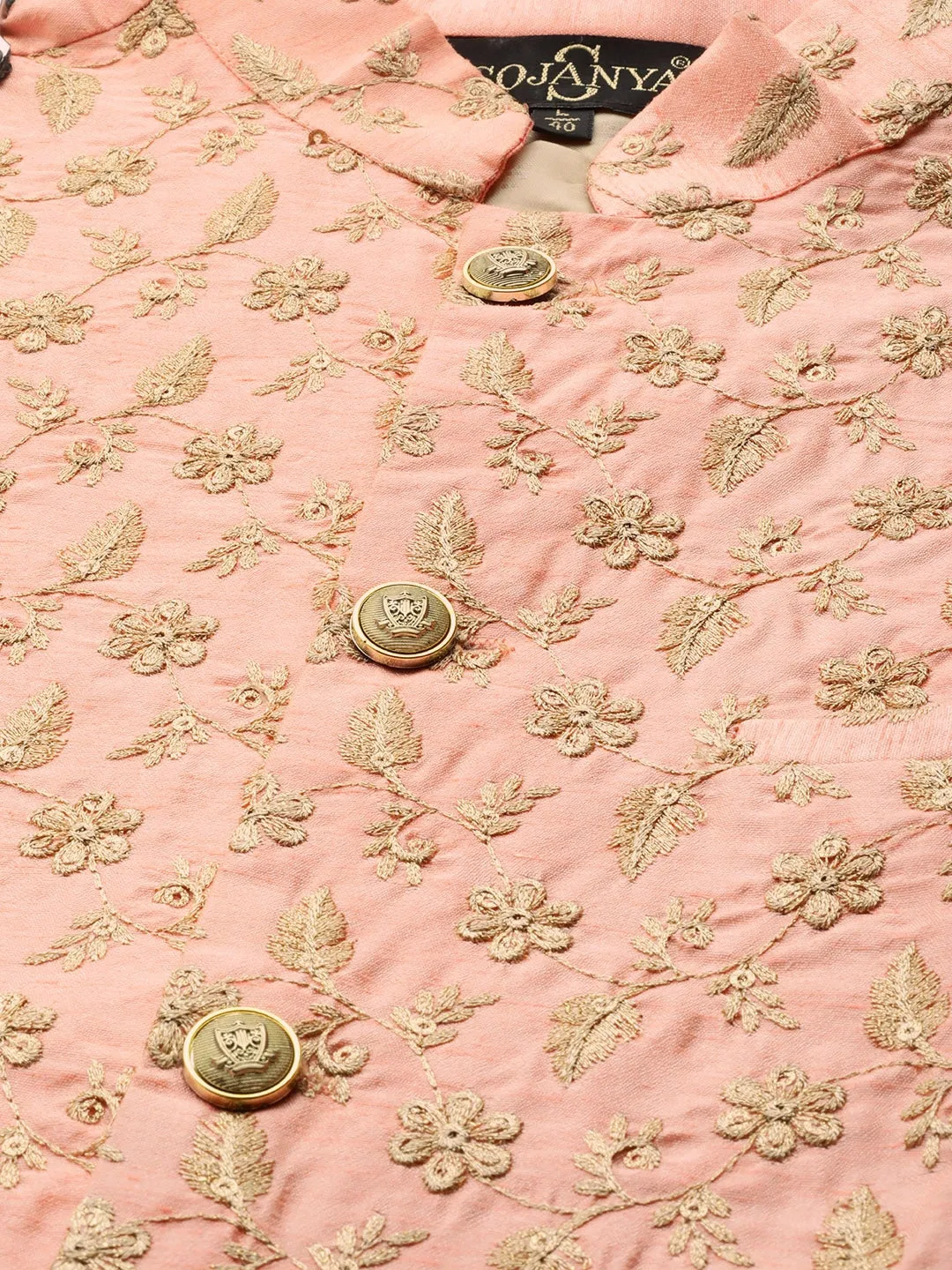 Men's Silk Blend Peach & Gold Embroidered Only Nehrujacket - Sojanya