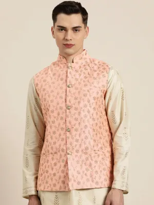 Men's Silk Blend Peach & Gold Embroidered Only Nehrujacket - Sojanya