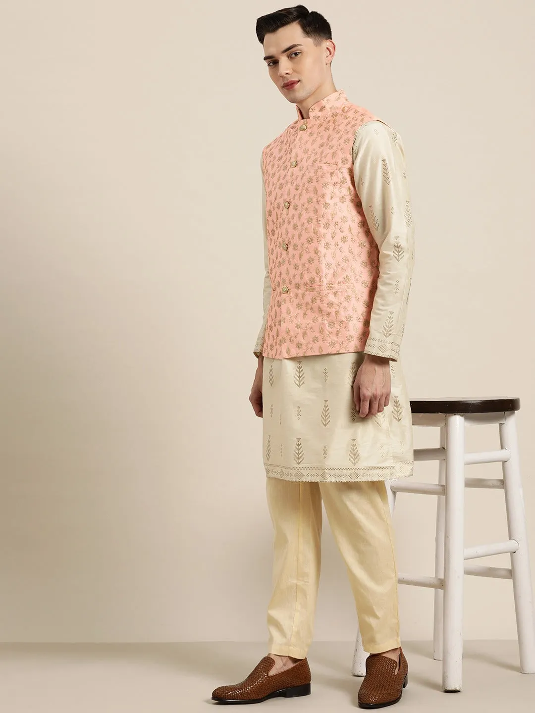 Men's Silk Blend Peach & Gold Embroidered Only Nehrujacket - Sojanya