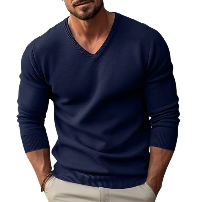 Men's solid color V-neck long-sleeved knitted pullover sweater 59954732X