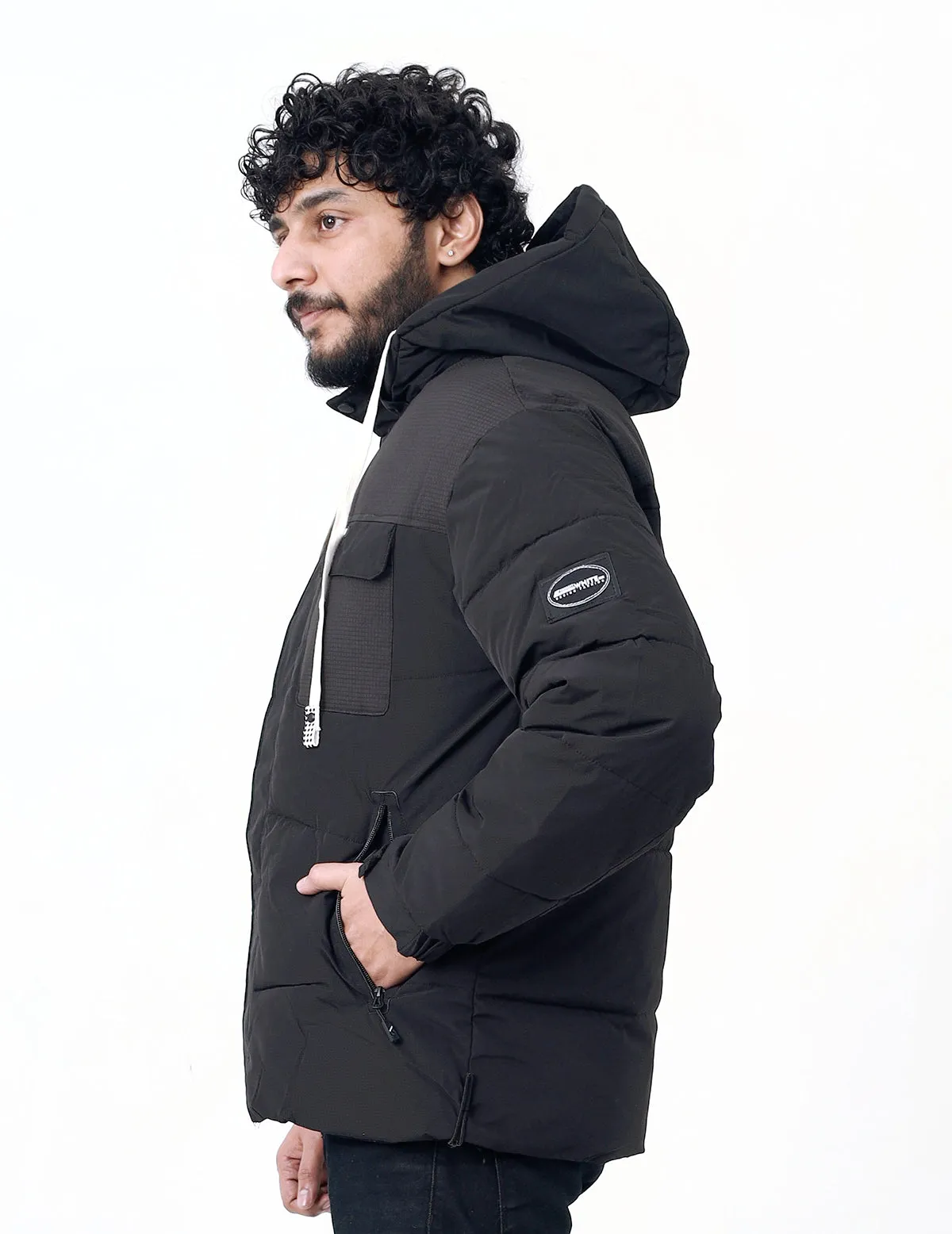 Men's Winter Wear Full Sleeves Hooded Quilted and Puffer Jacket - Black