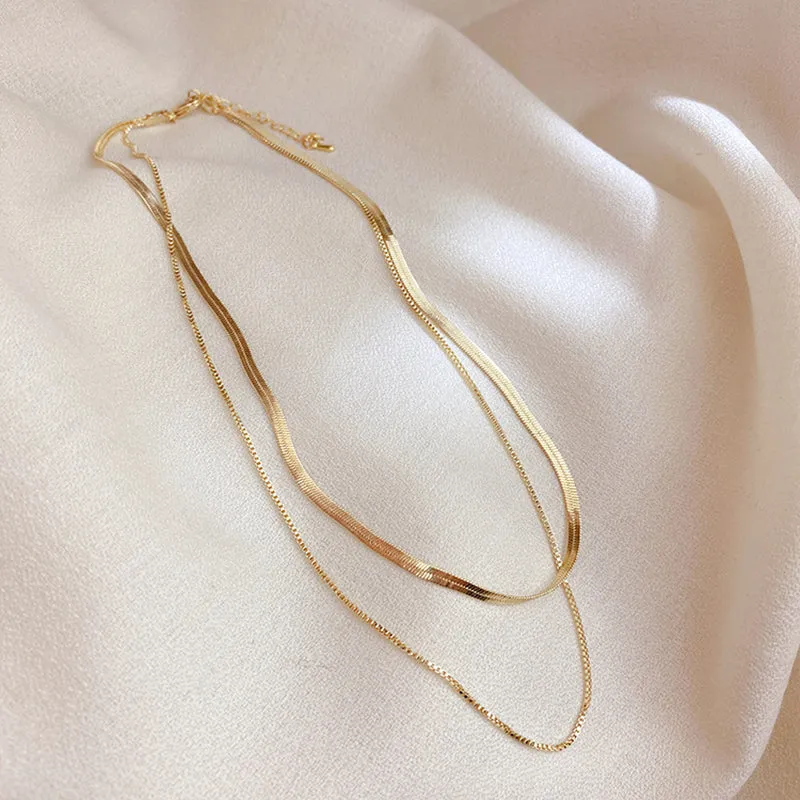 Minimalist Double Layers 14k herringbone Necklace