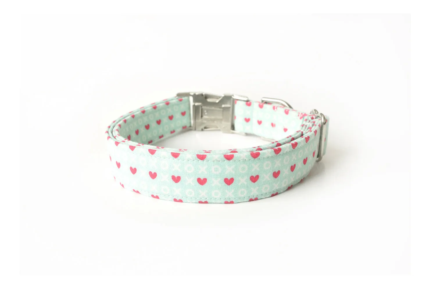 Mint Seafoam Green & Pink Hearts Dog Collar