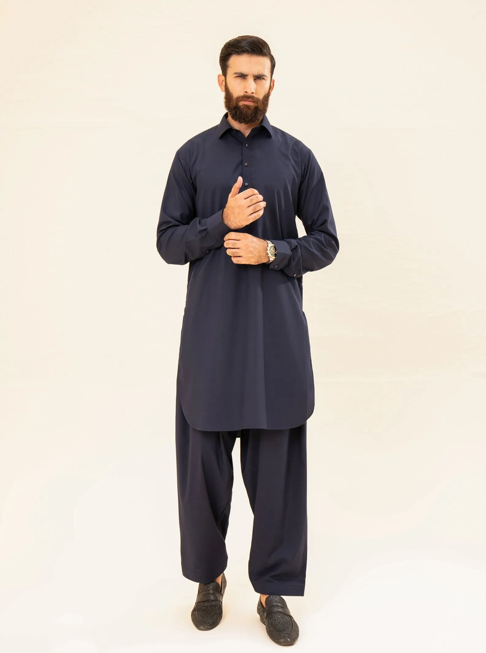 Navy Blue French Collar Kameez Shalwar - Men