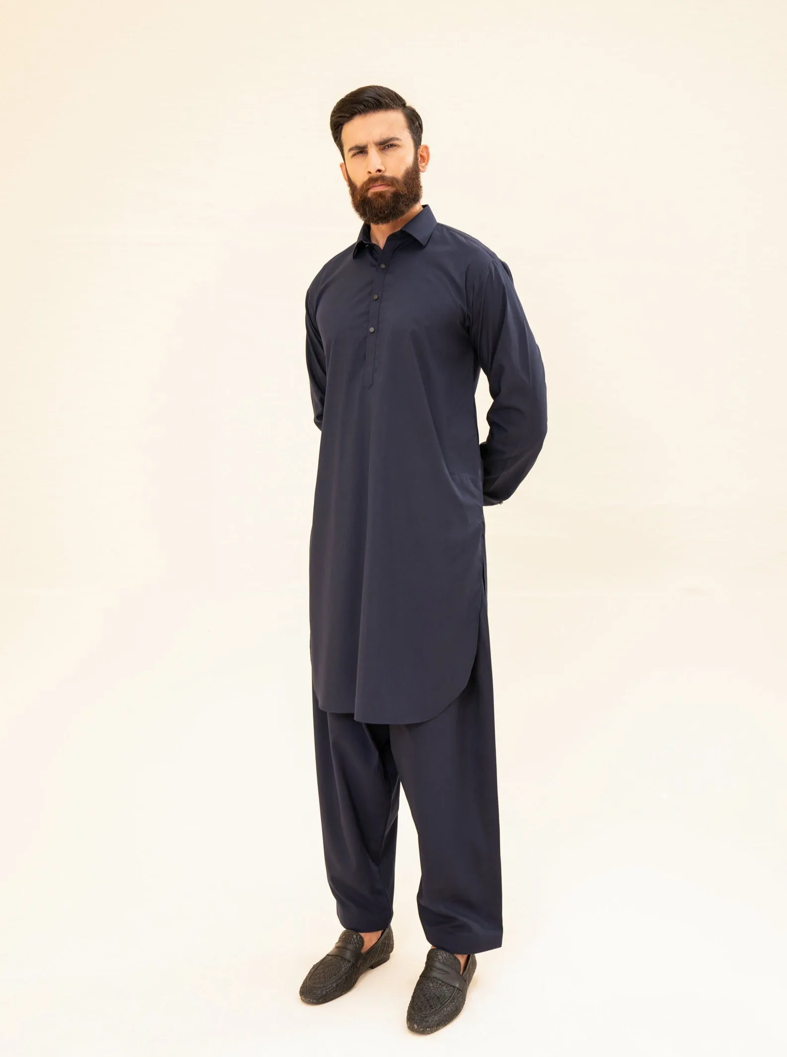 Navy Blue French Collar Kameez Shalwar - Men