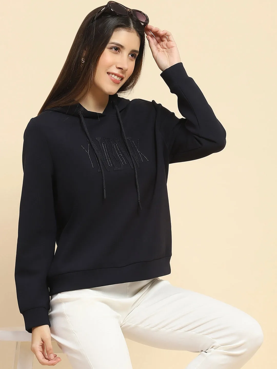 Navy Blue Poly Blend Embroidered Loose Fit Sweatshirt