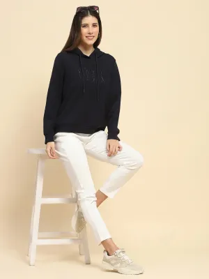 Navy Blue Poly Blend Embroidered Loose Fit Sweatshirt