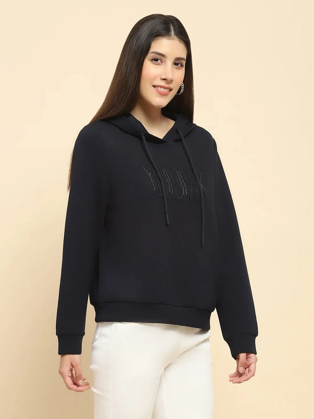 Navy Blue Poly Blend Embroidered Loose Fit Sweatshirt