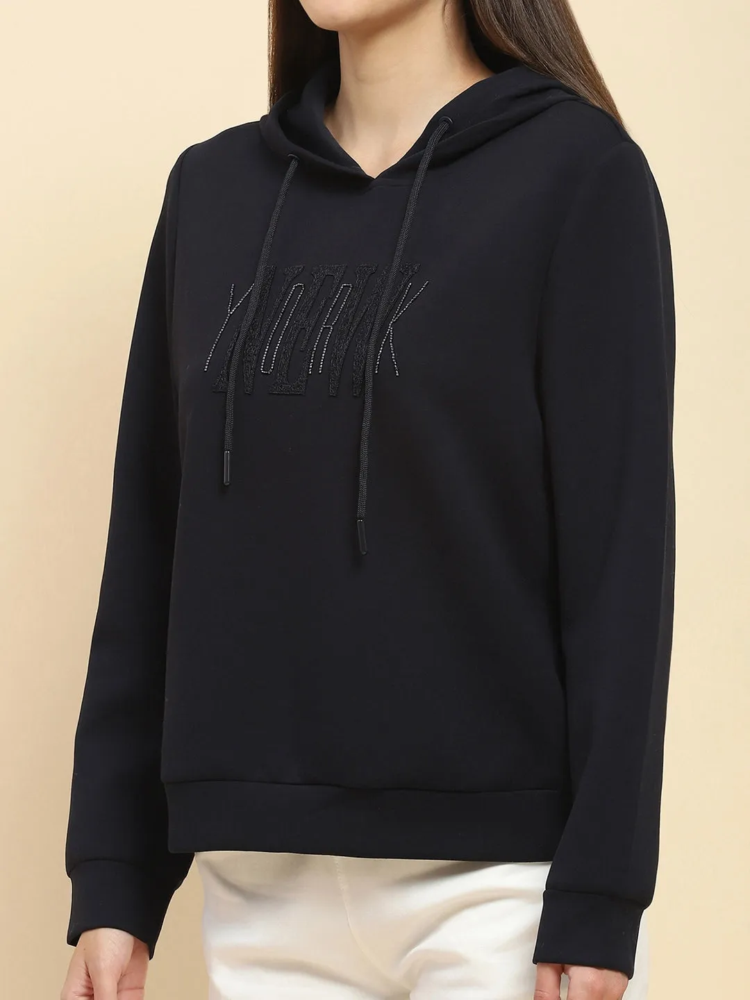 Navy Blue Poly Blend Embroidered Loose Fit Sweatshirt