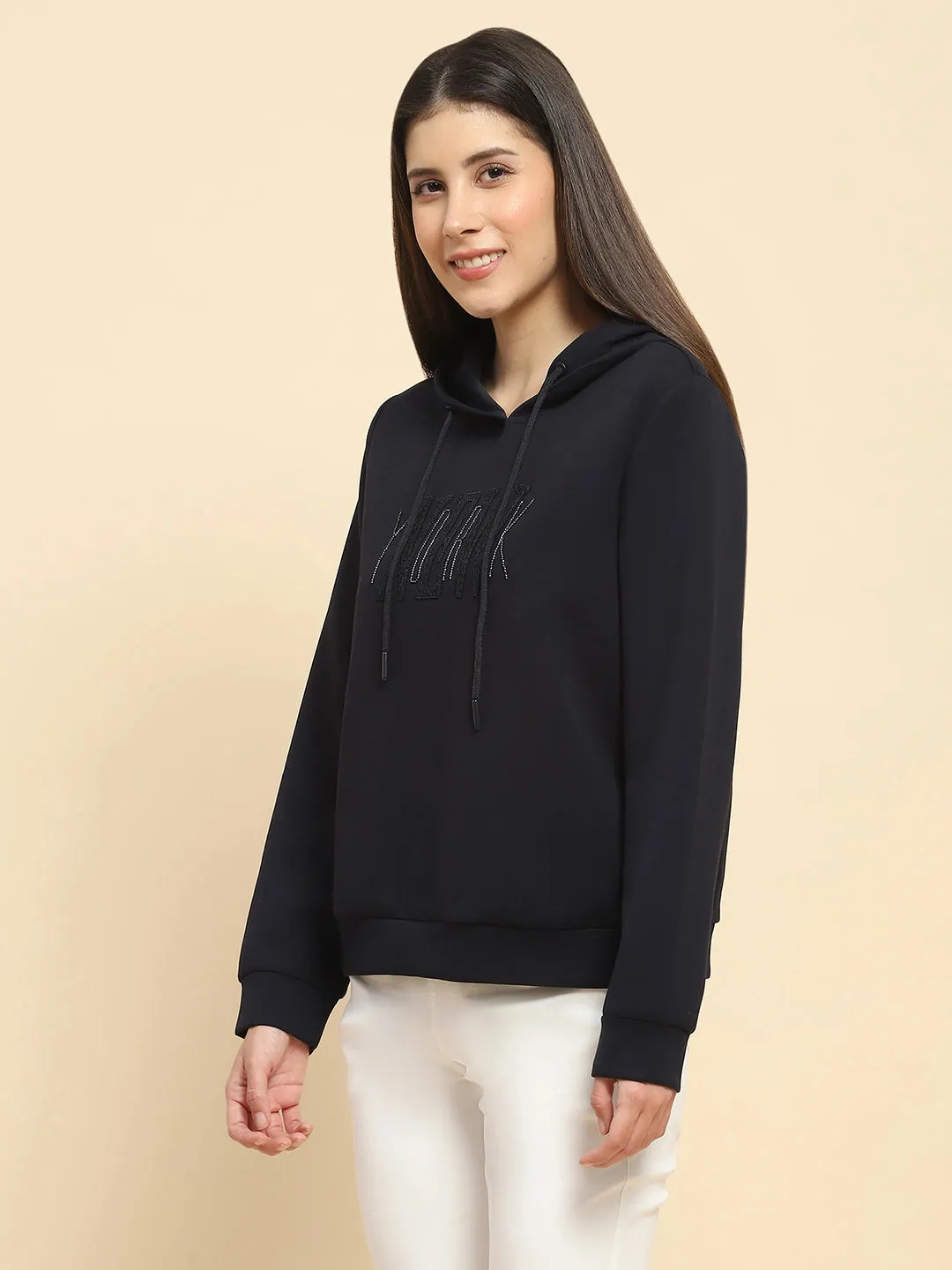 Navy Blue Poly Blend Embroidered Loose Fit Sweatshirt