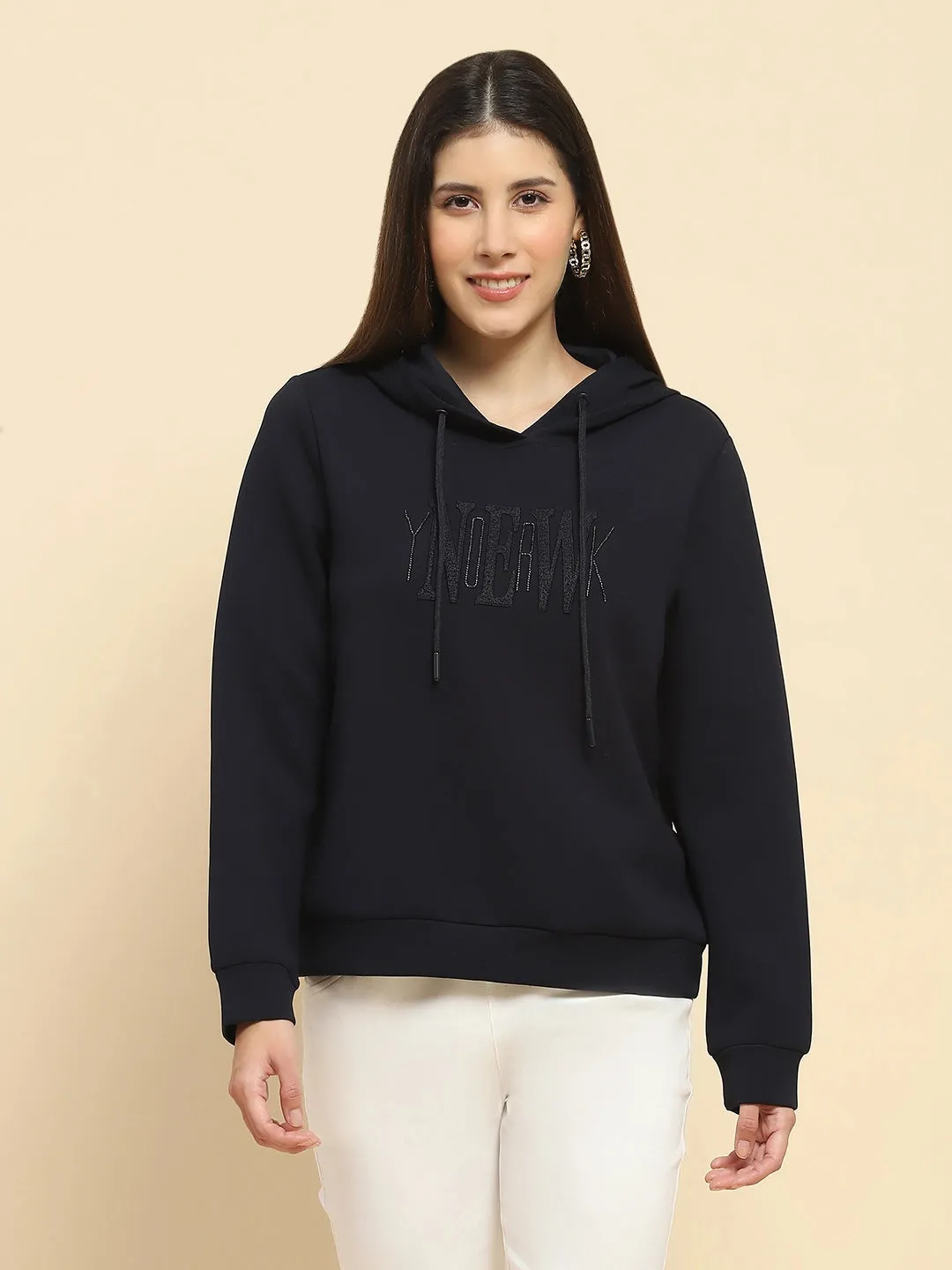 Navy Blue Poly Blend Embroidered Loose Fit Sweatshirt