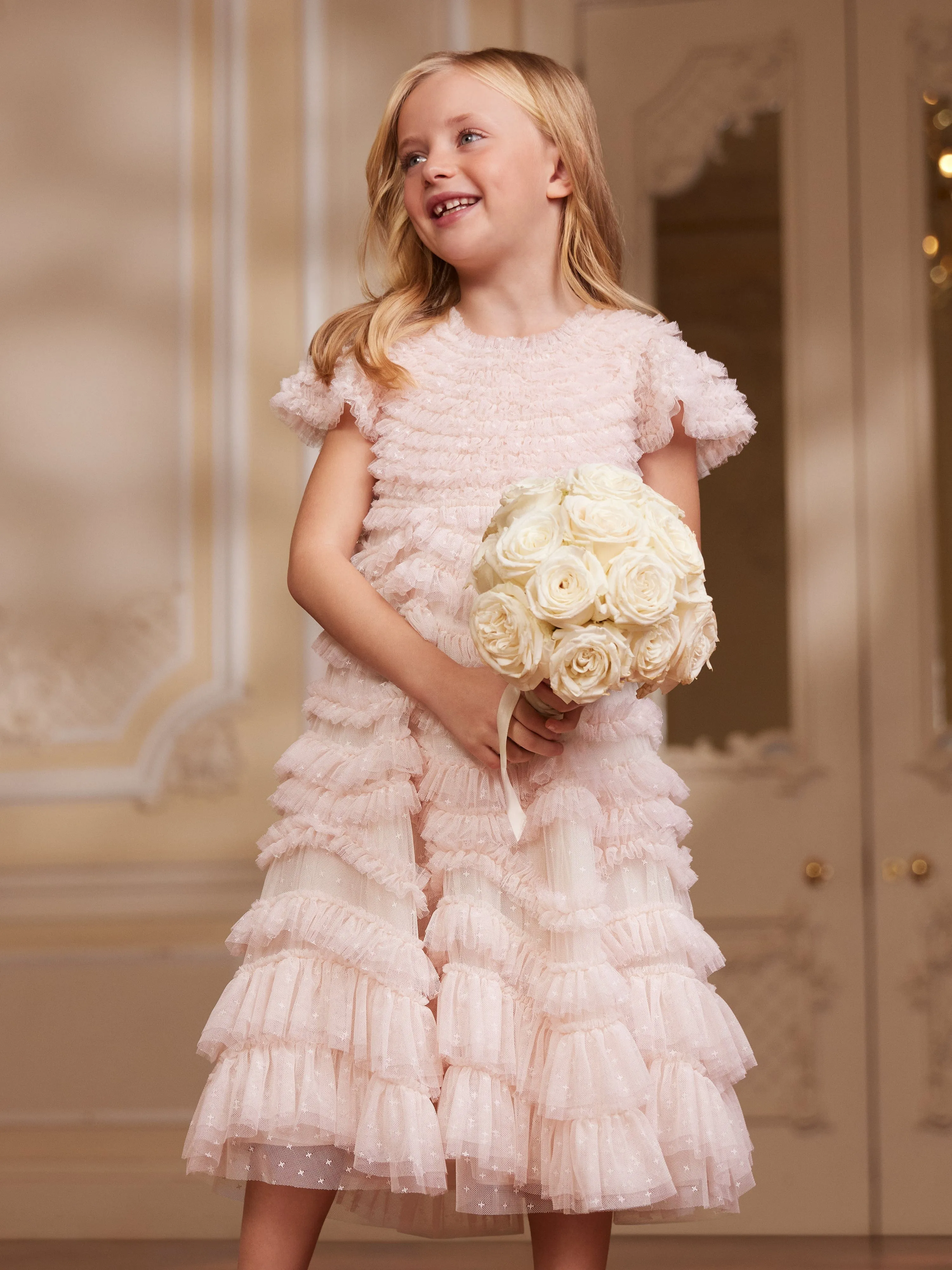 Needle & Thread Girls Wild Rose Ruffle Dress in Ivory