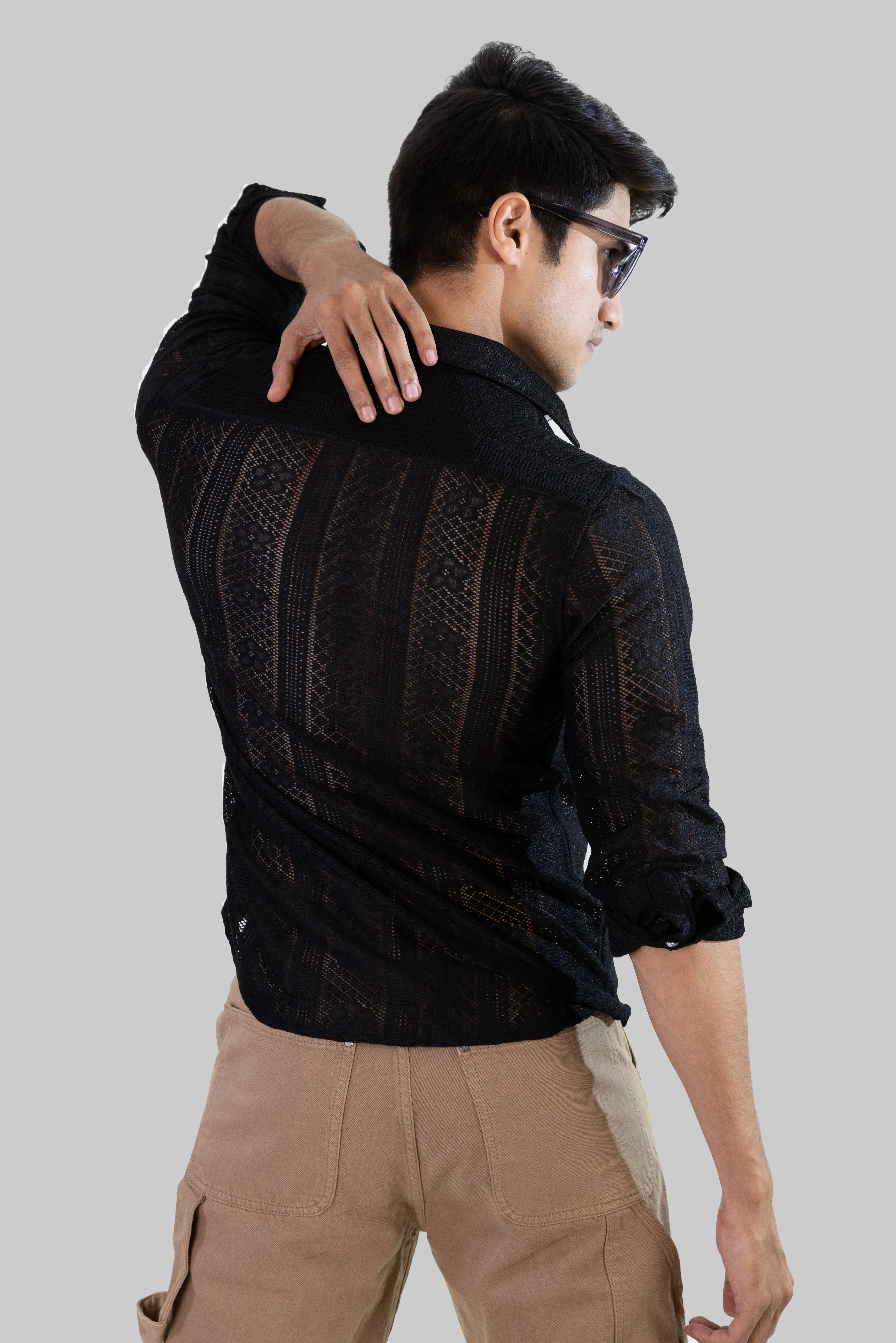 Net Weave Knitted Shirt - Black