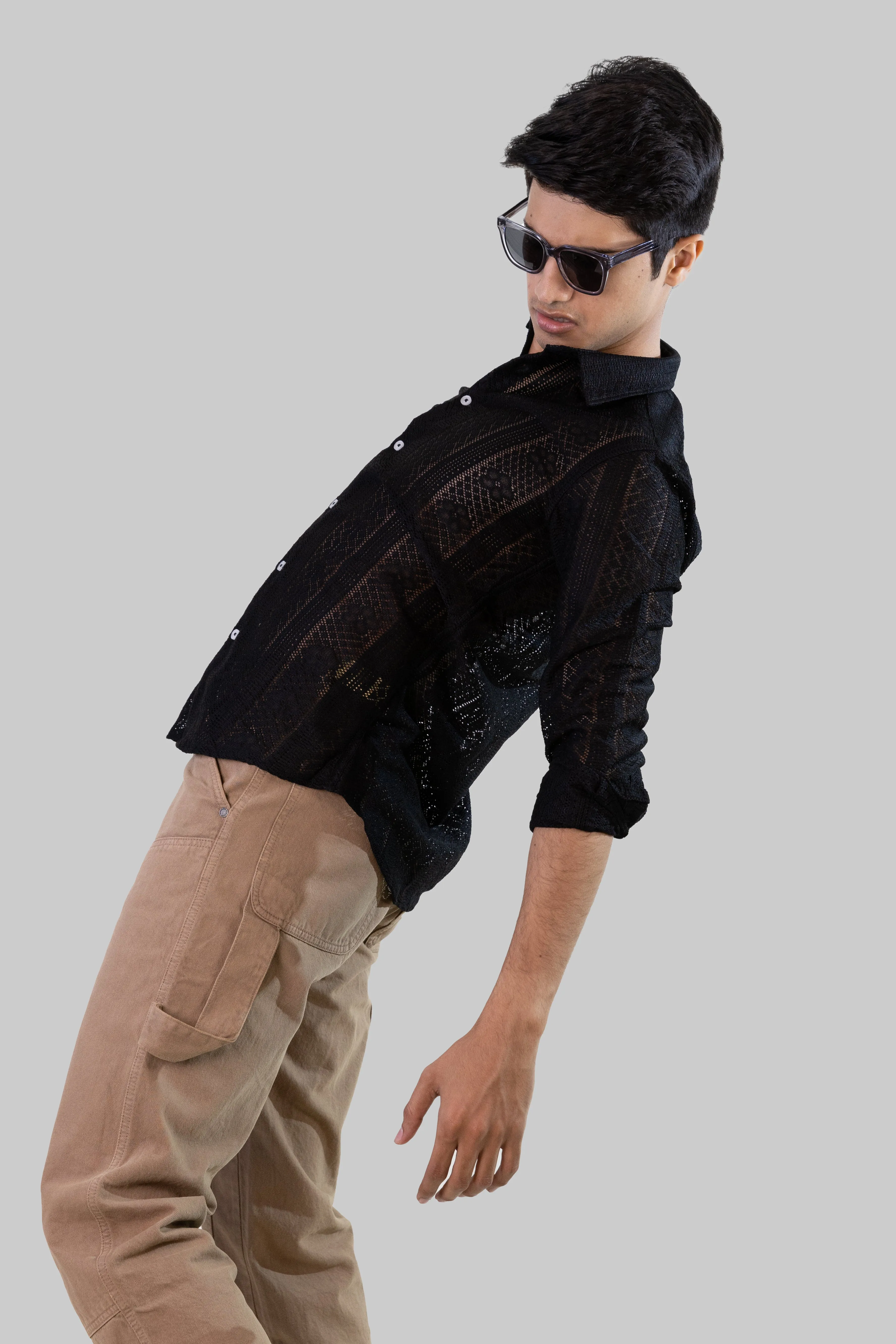 Net Weave Knitted Shirt - Black