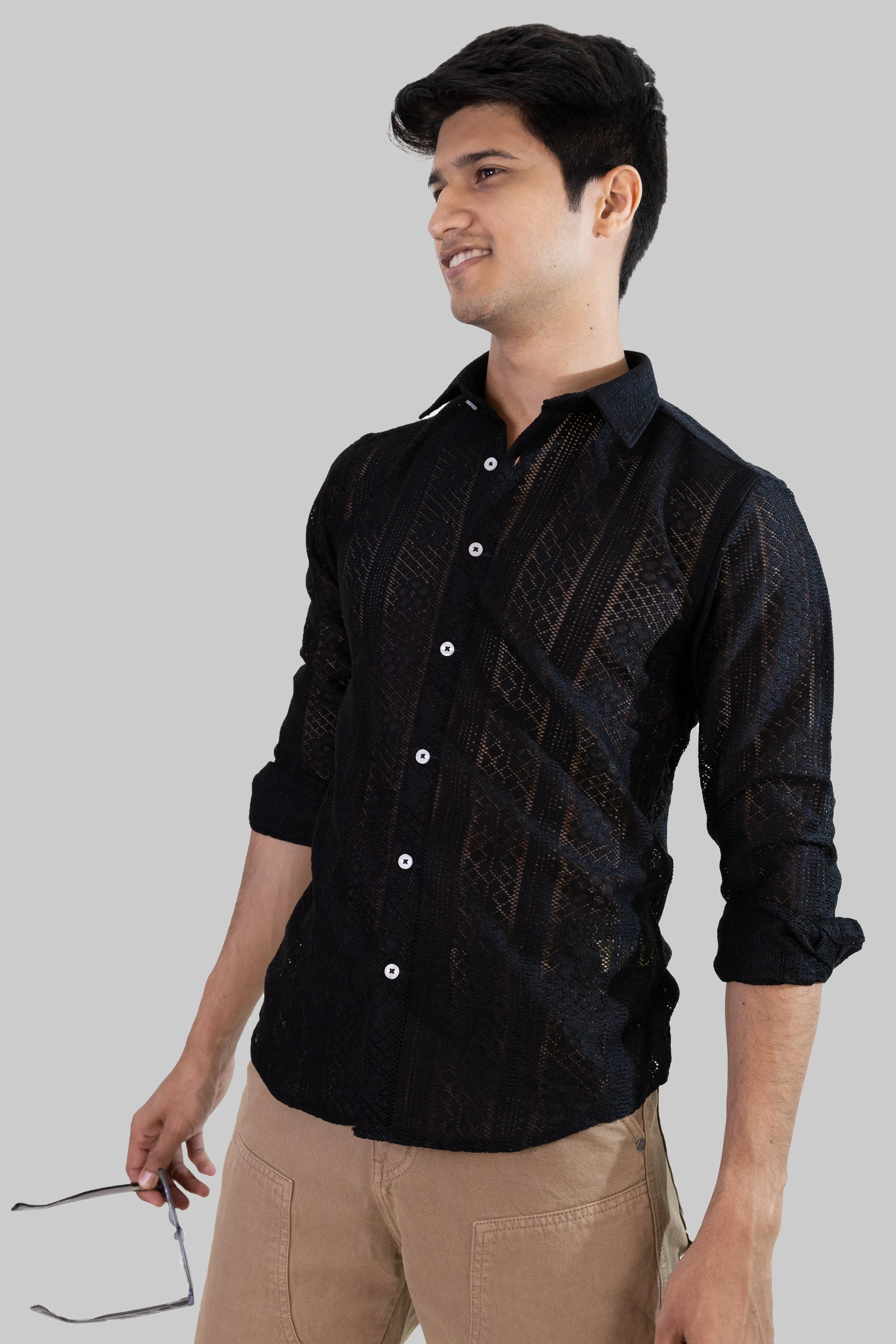 Net Weave Knitted Shirt - Black