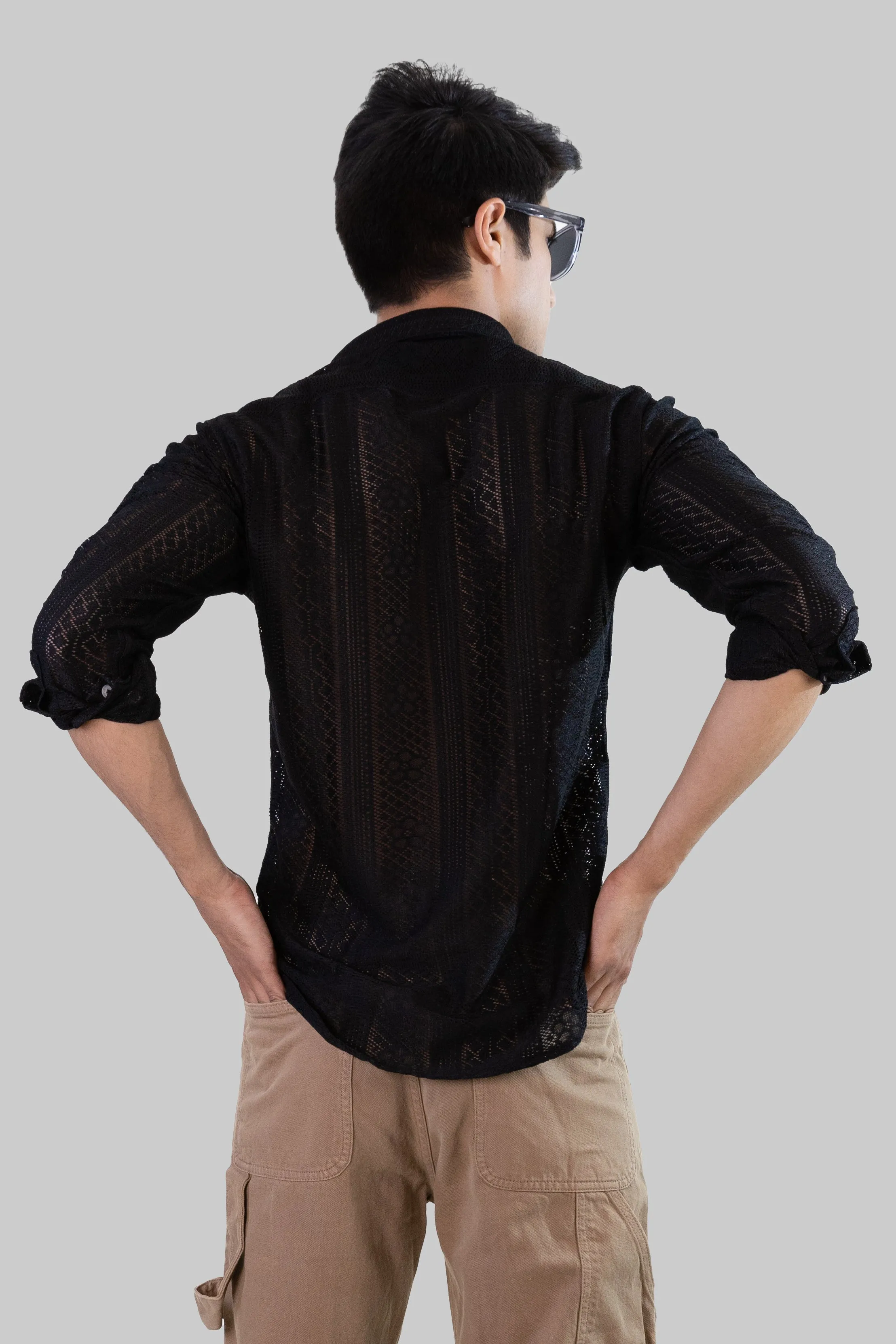 Net Weave Knitted Shirt - Black