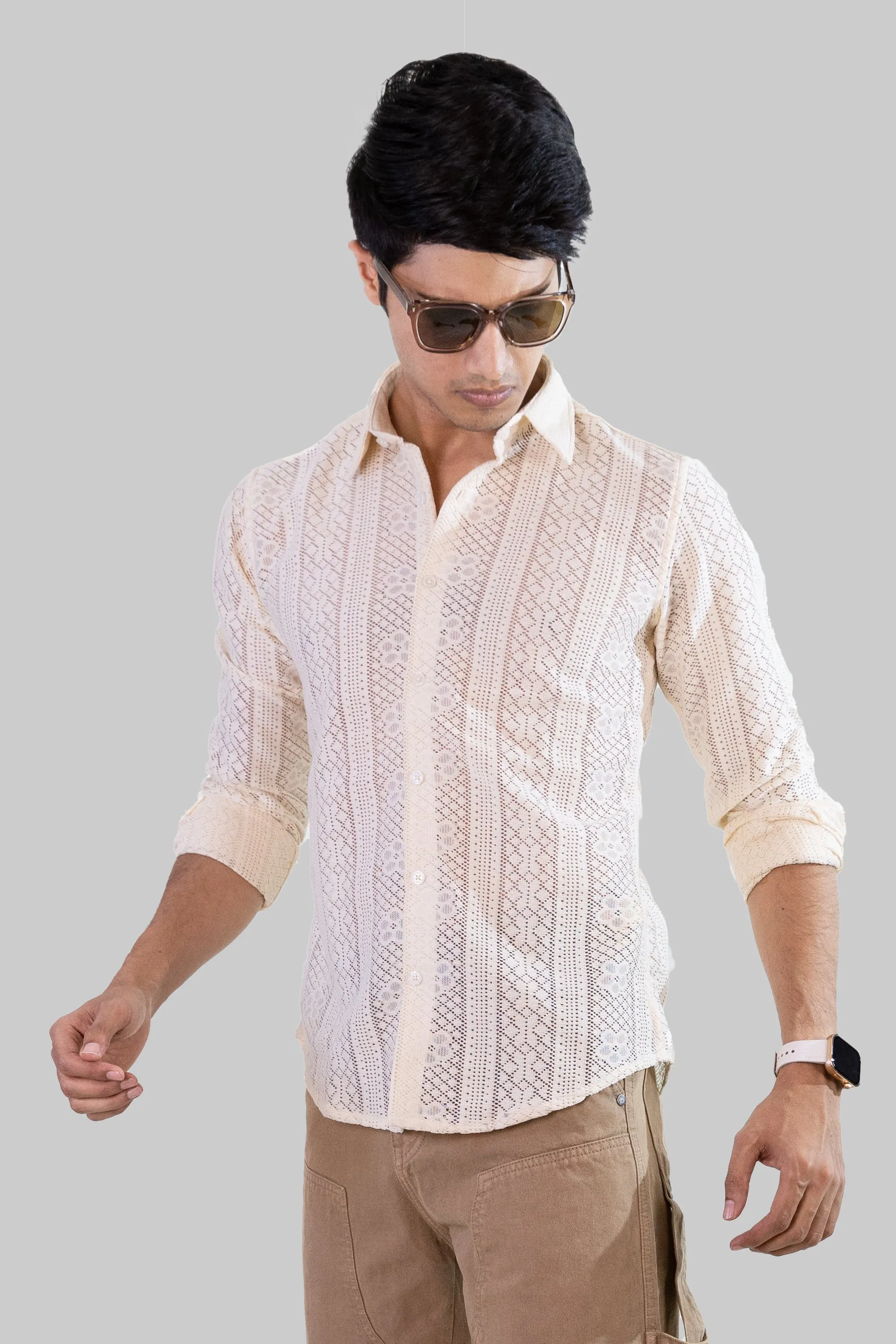 Net Weave Knitted Shirt - Cream