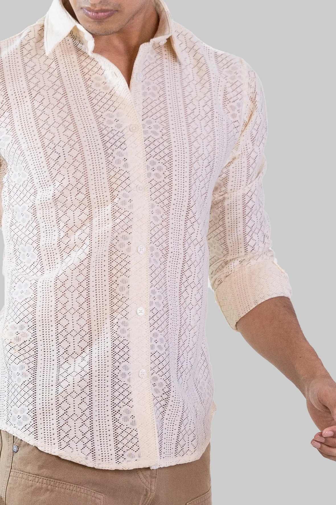 Net Weave Knitted Shirt - Cream