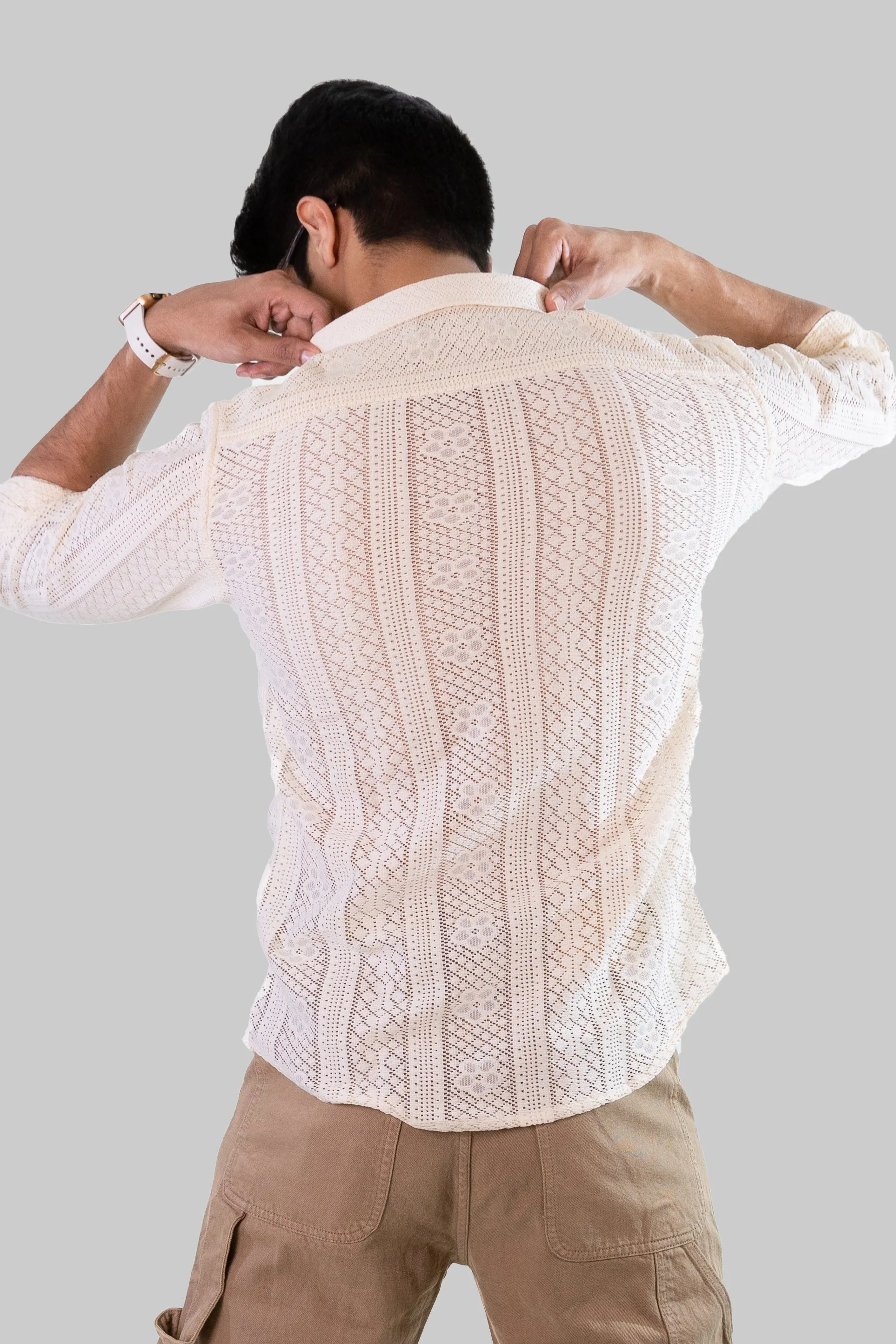 Net Weave Knitted Shirt - Cream