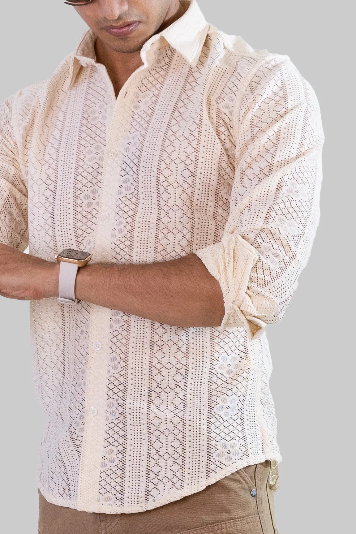 Net Weave Knitted Shirt - Cream