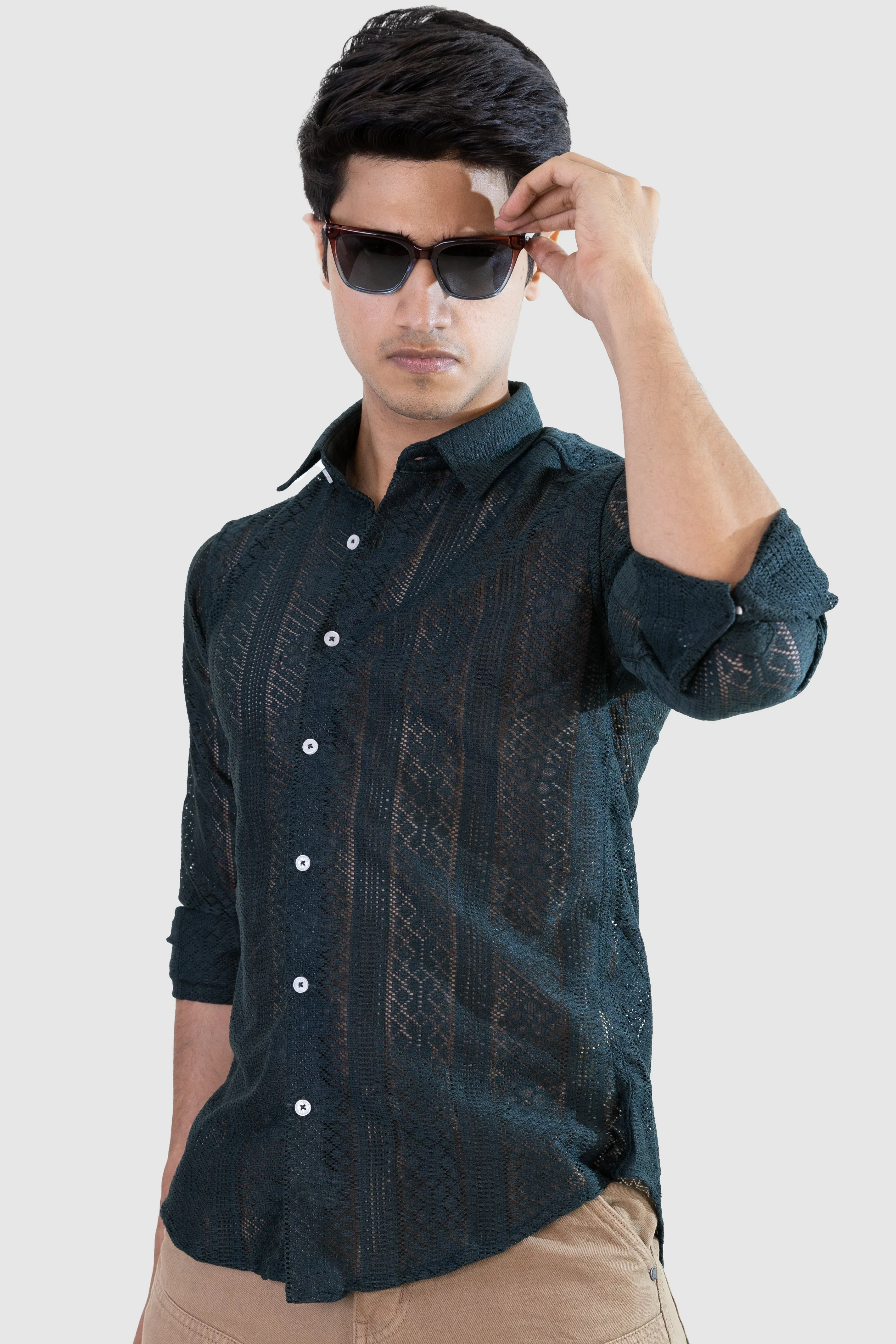 Net Weave Knitted Shirt - Emerald Green