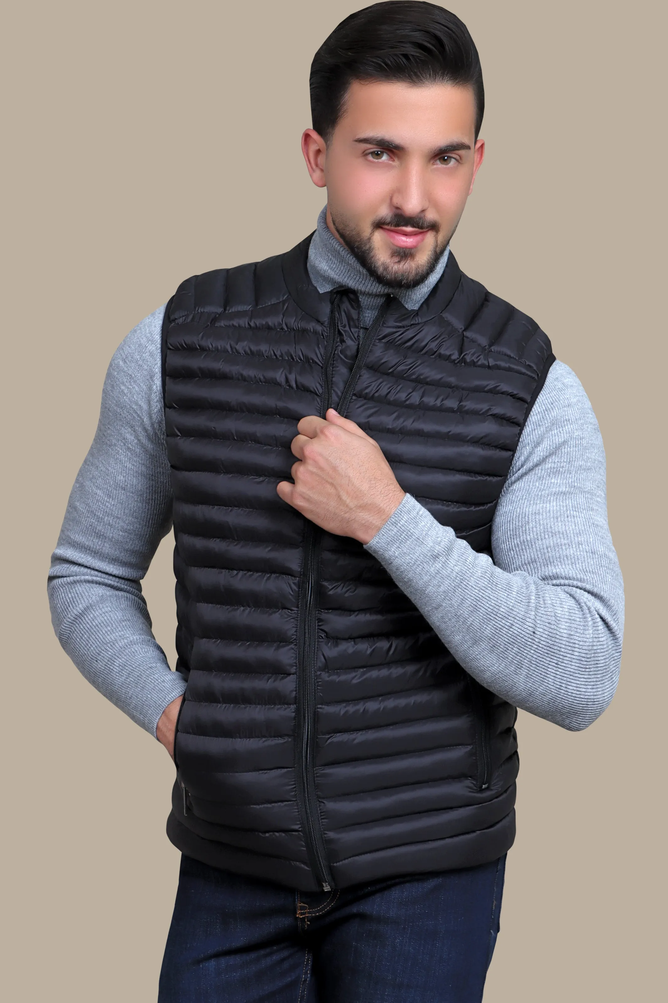 Nocturnal Trek: Black Padded Puffer Vest for Urban Explorations