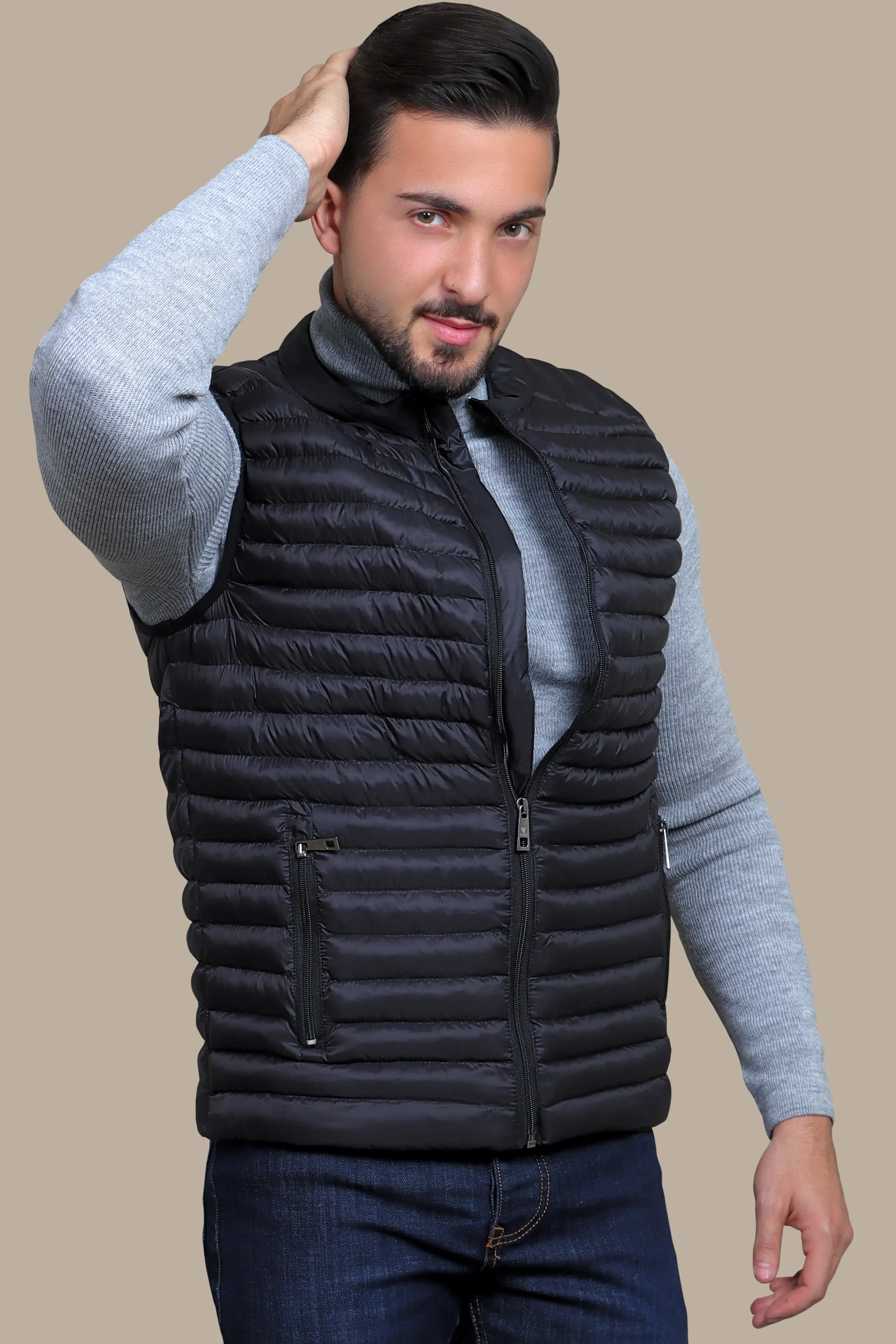 Nocturnal Trek: Black Padded Puffer Vest for Urban Explorations