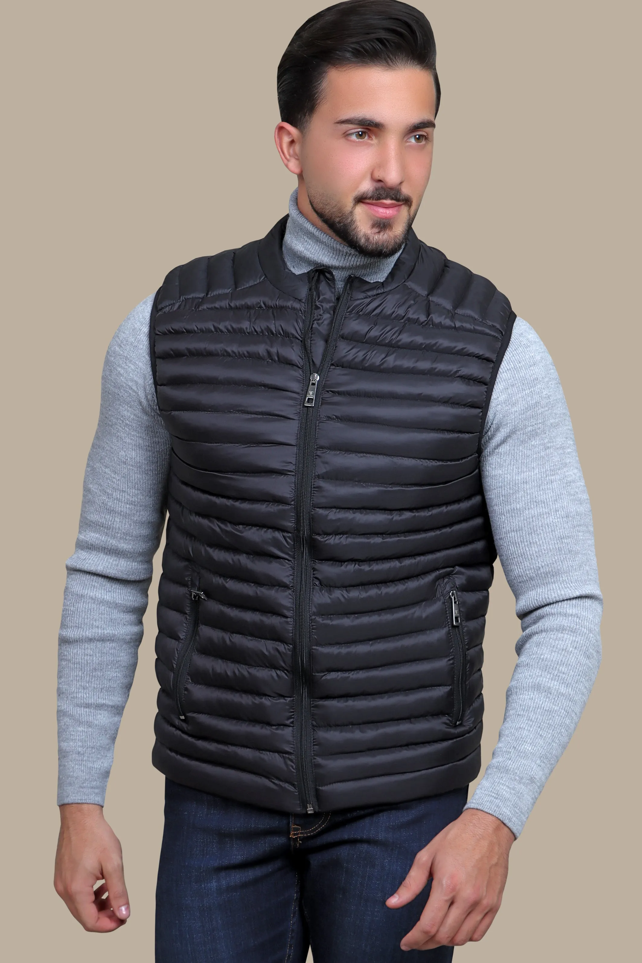 Nocturnal Trek: Black Padded Puffer Vest for Urban Explorations