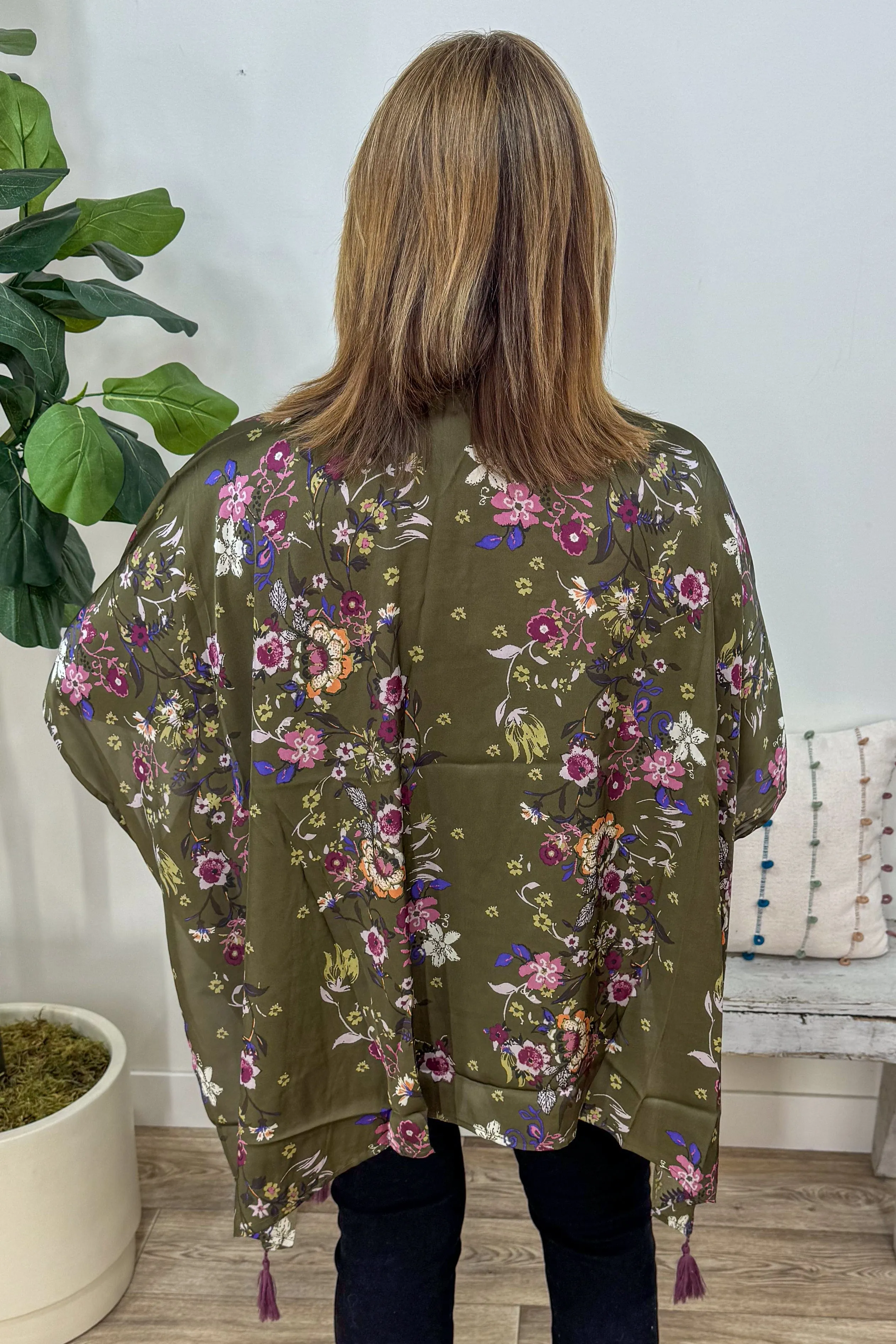 Olive Floral Satin Kimono