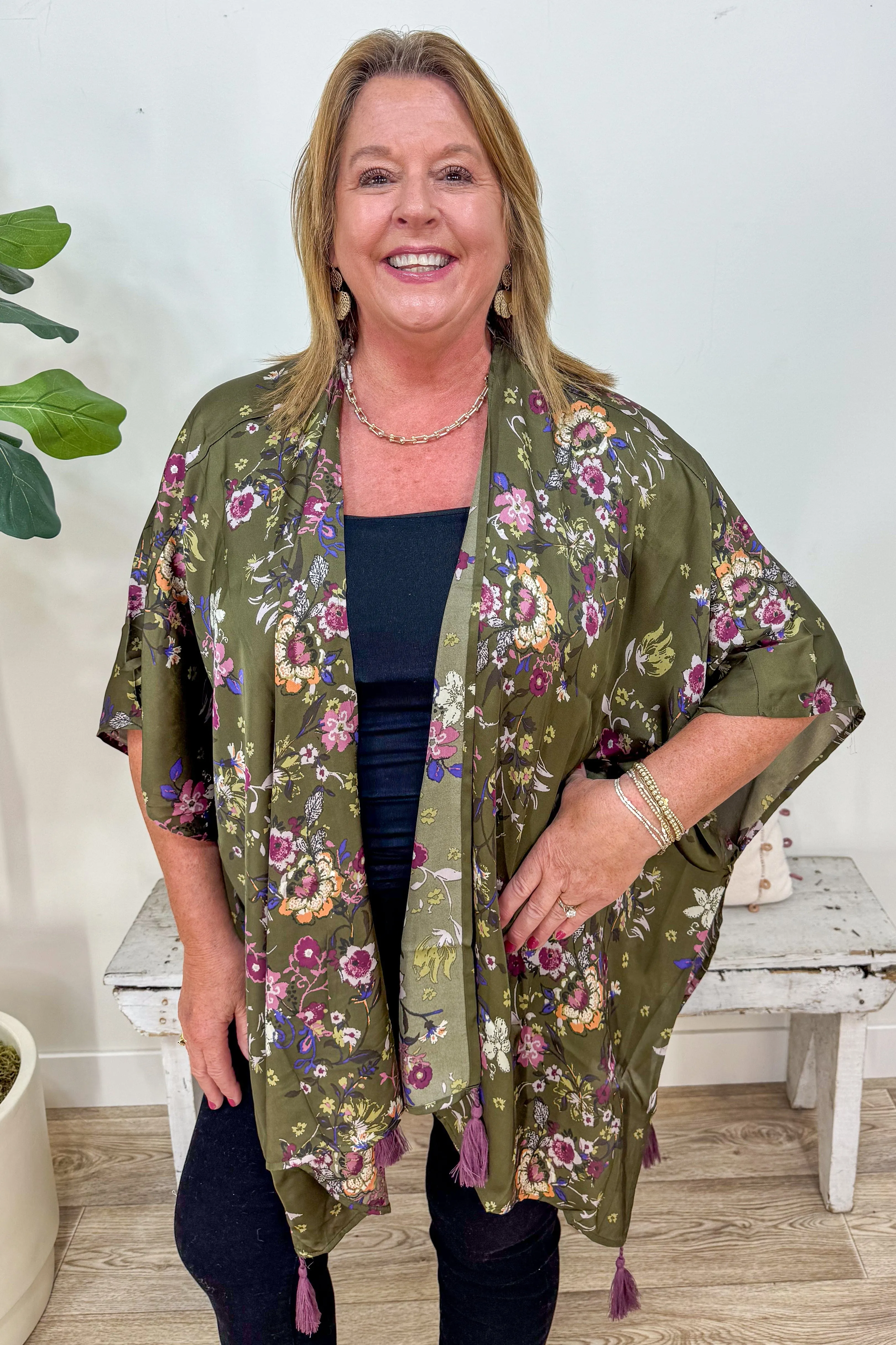 Olive Floral Satin Kimono