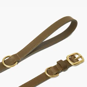 Olive Green Leather Dog Collar & Lead Set with Gold Hardware