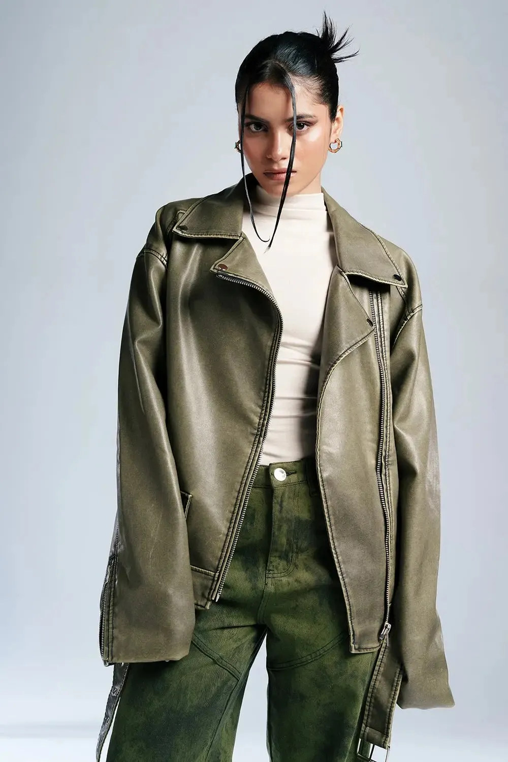 Olive Luxe Leather Biker Jacket