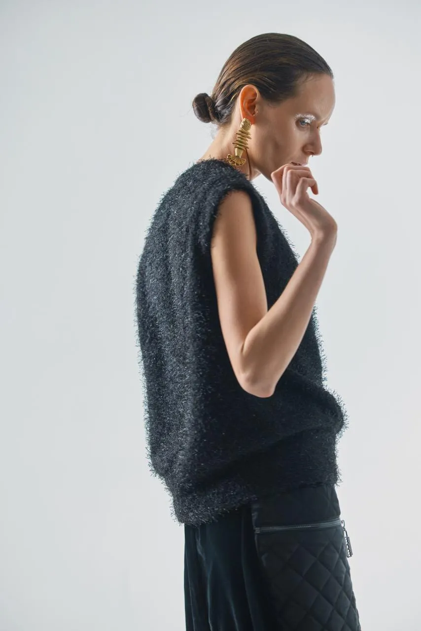 Oversized Crew Neck Knit Vest Black