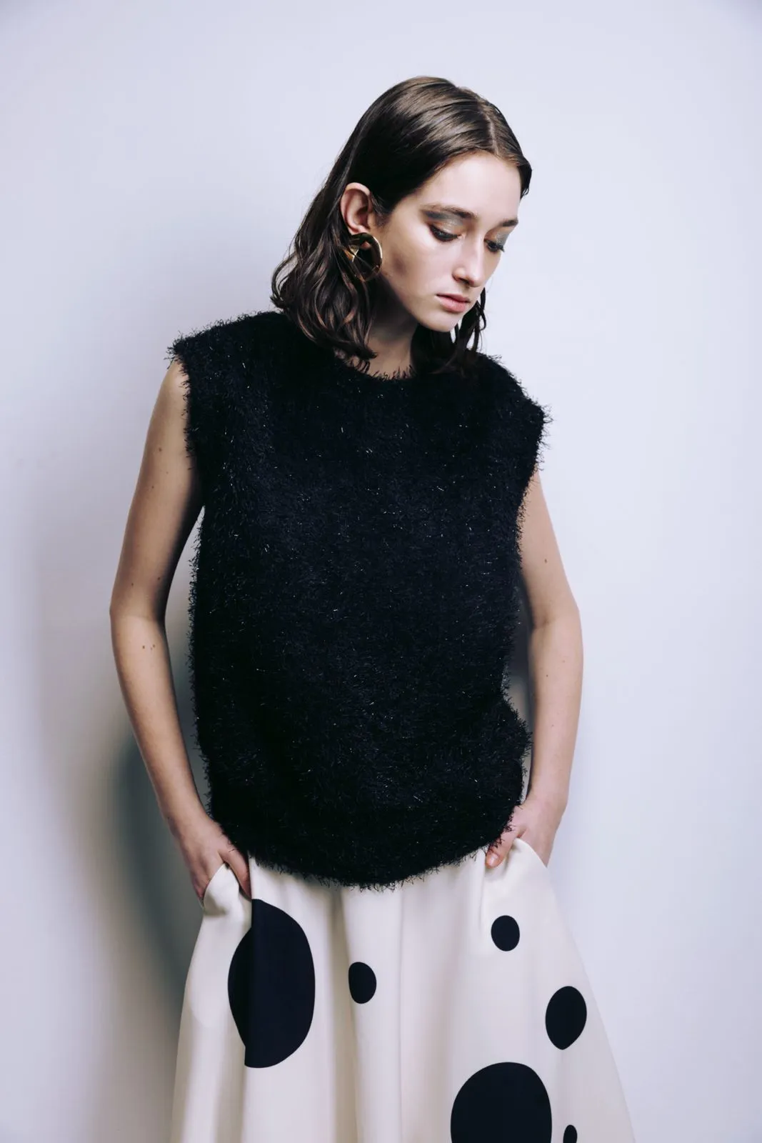 Oversized Crew Neck Knit Vest Black