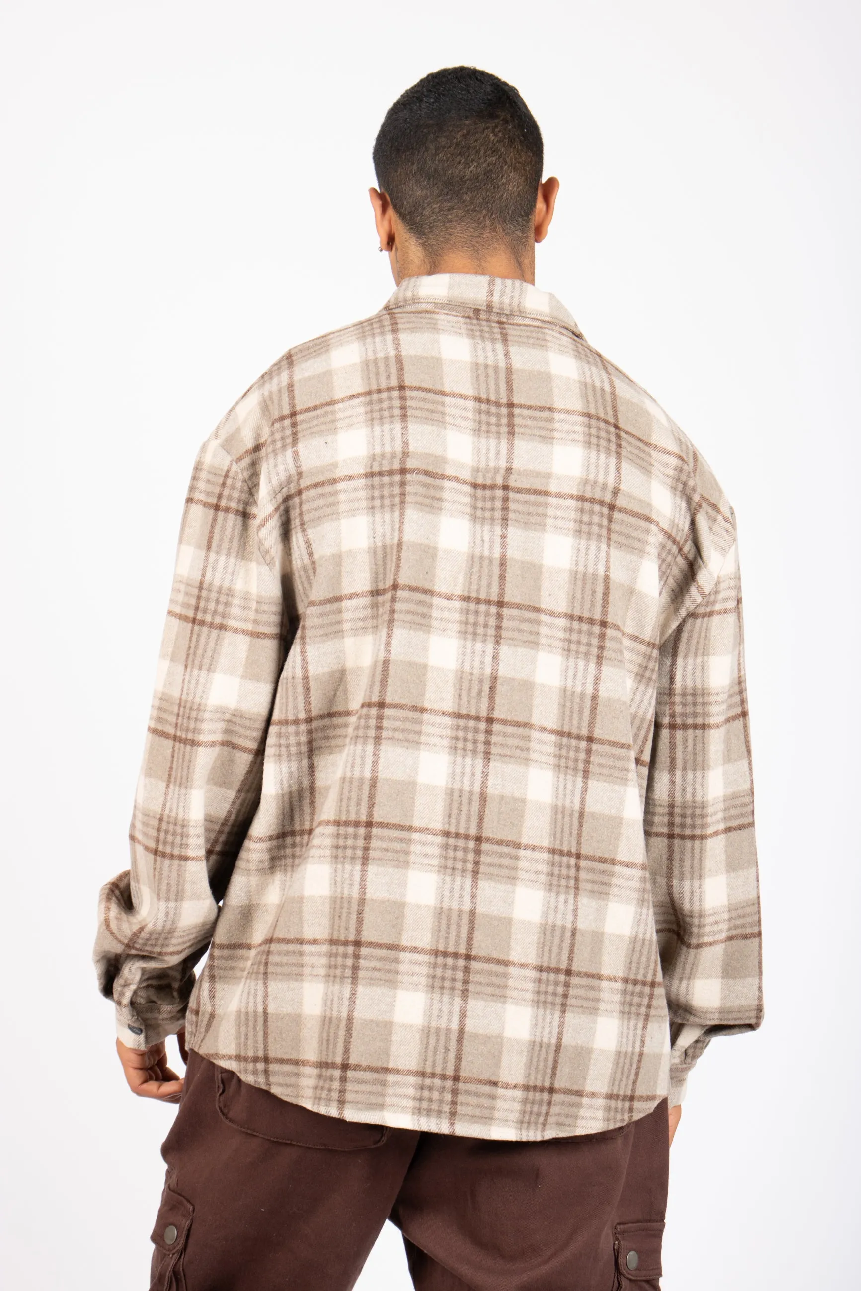 Oversized Long Sleeve Stone Flannel Shirt