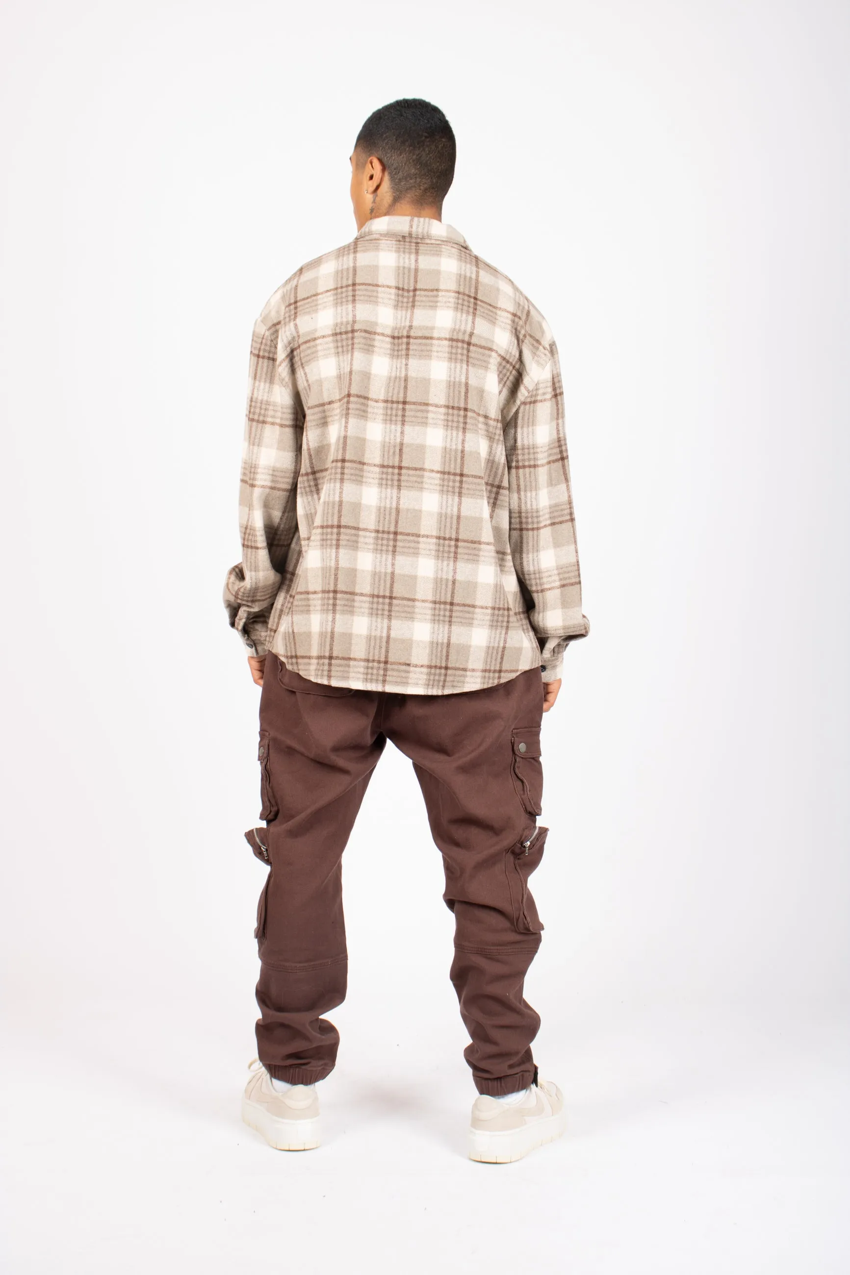 Oversized Long Sleeve Stone Flannel Shirt