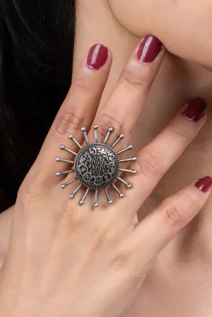 Oxidised Silver Adjustable Spike Coin Ring - Unique Edgy Jewelry for All Occasions