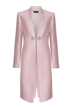 Pale Pink Dress Coat in Silk Brocade with Cord Trim and Frogging - Vicky