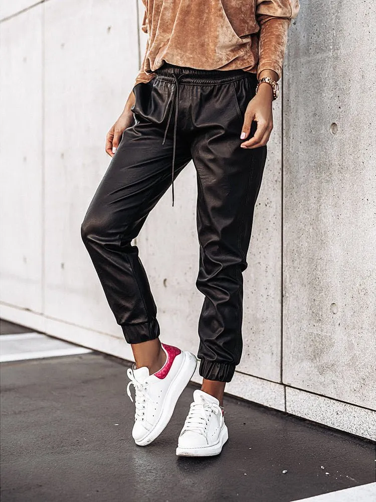 Pants Mid-Waist Drawstring Casual Fashion Leggings Leather Pants for Women