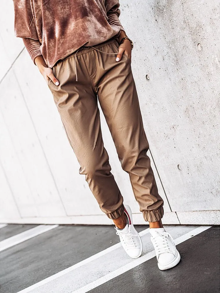 Pants Mid-Waist Drawstring Casual Fashion Leggings Leather Pants for Women