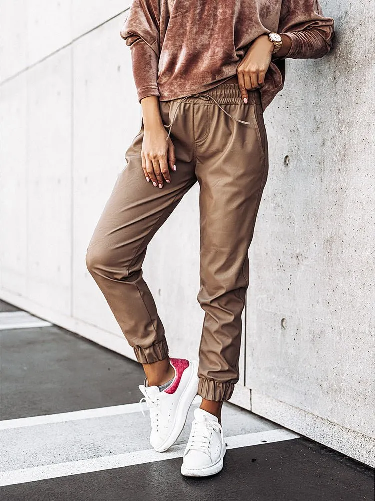 Pants Mid-Waist Drawstring Casual Fashion Leggings Leather Pants for Women