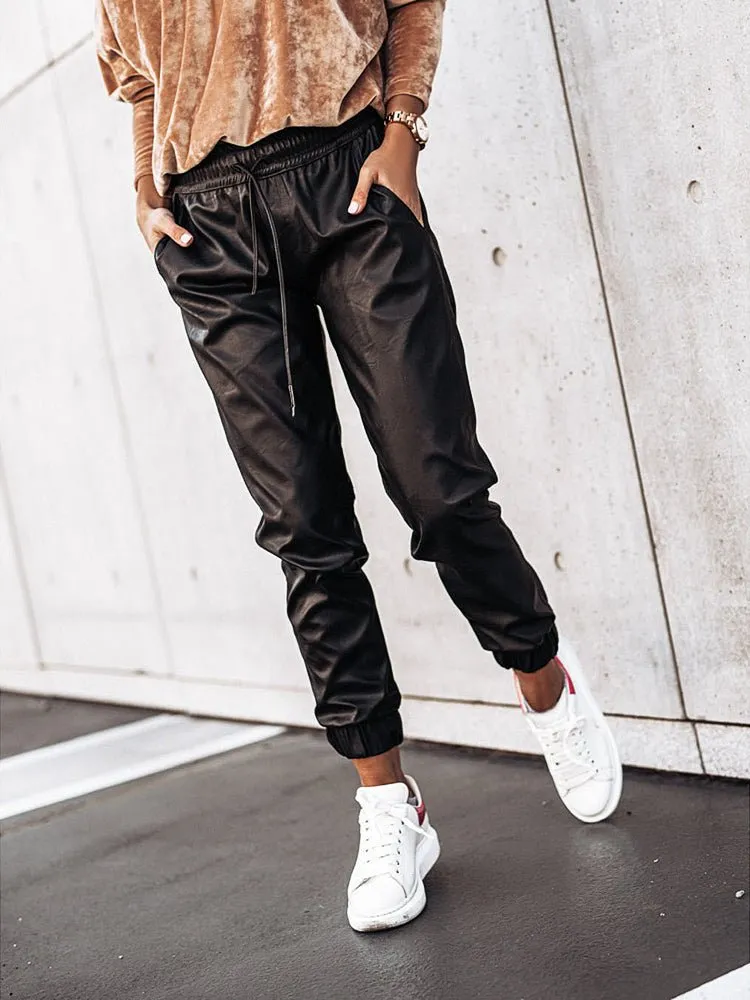 Pants Mid-Waist Drawstring Casual Fashion Leggings Leather Pants for Women