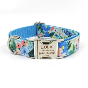 Personalized Dog Collar Engraved Metal Buckle Flower Cute for Girl Dogs - Blue