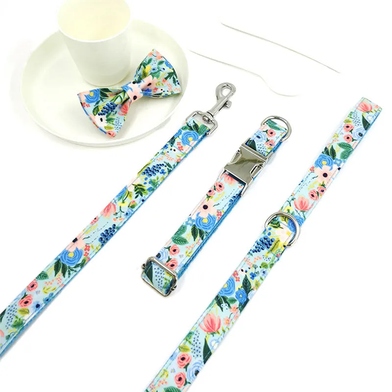 Personalized Dog Collar Engraved Metal Buckle Flower Cute for Girl Dogs - Blue