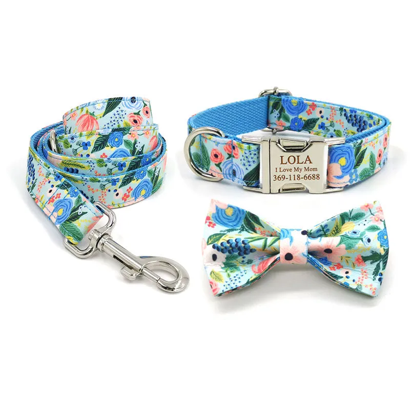 Personalized Dog Collar Engraved Metal Buckle Flower Cute for Girl Dogs - Blue