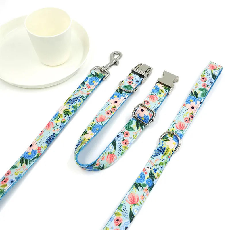 Personalized Dog Collar Engraved Metal Buckle Flower Cute for Girl Dogs - Blue