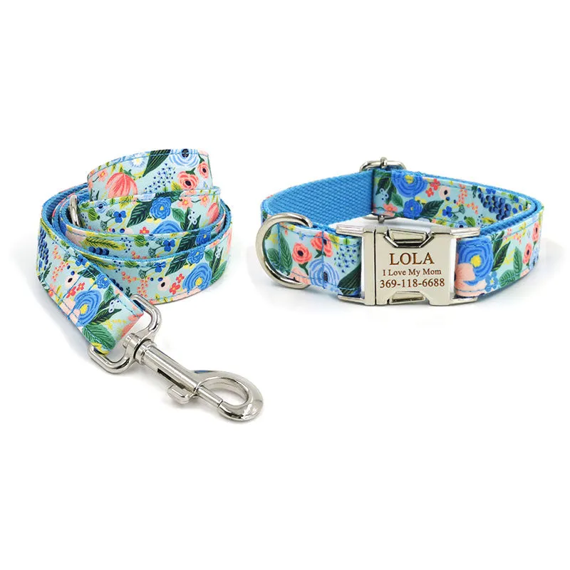 Personalized Dog Collar Engraved Metal Buckle Flower Cute for Girl Dogs - Blue