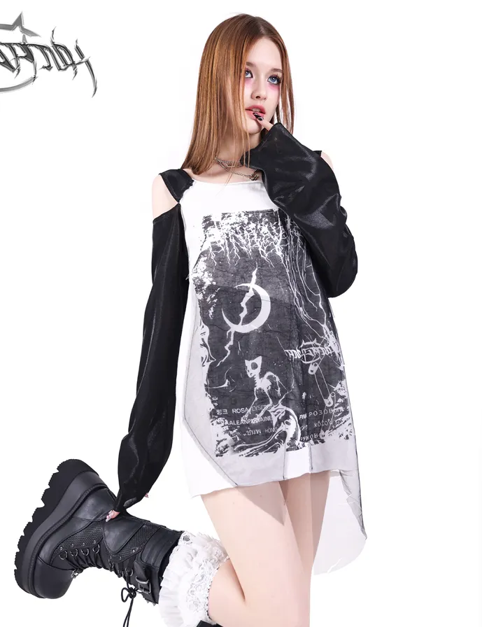 PINKSPINK Gothic Graphic Tank Top with Mesh Sleeves - White/Black