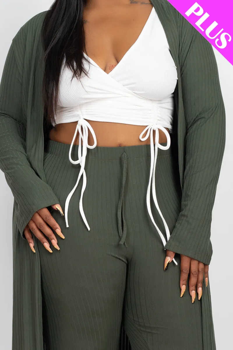 Plus Size Ribbed Long Cardigan & Leggings Set