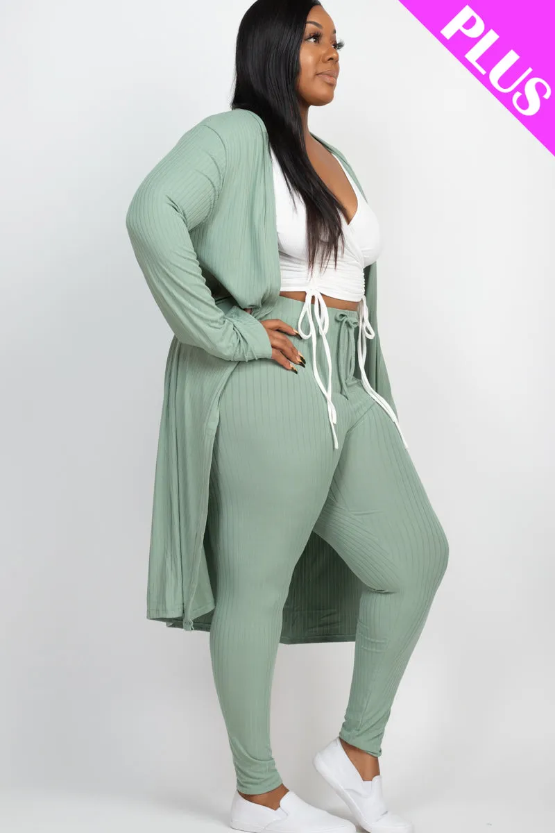 Plus Size Ribbed Long Cardigan & Leggings Set